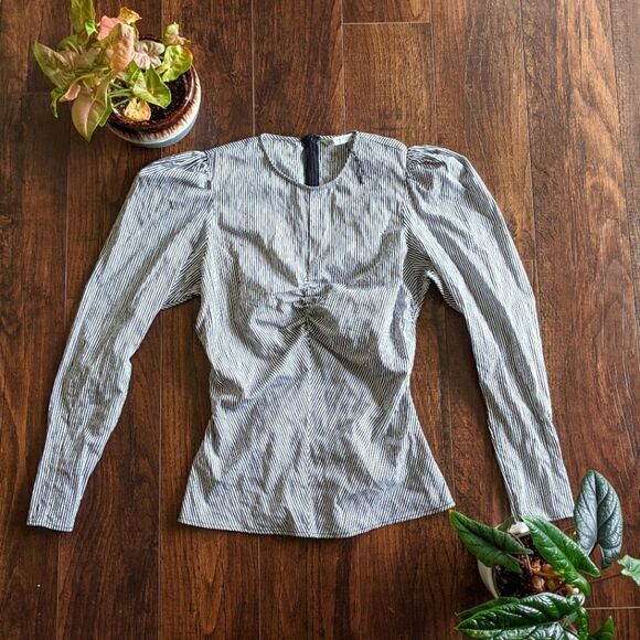 $5 Item! Zara NWOT XS Striped Floral Puffed Sleeve Ruched Front Back Zip Blouse - Picture 1 of 7